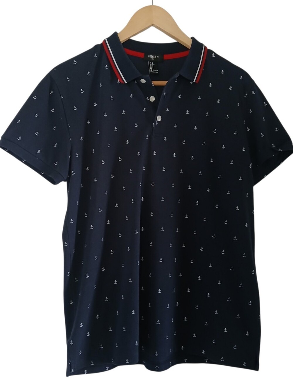 Forever 21 Polo Shirt Navy Anchor-Print Red Blue & White Stripe Collar LRG